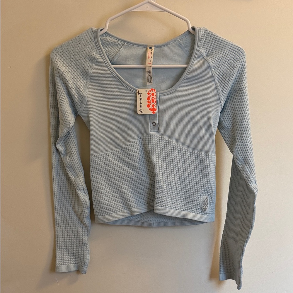 FP Movement by Free People Sky Blue Waffle Knit Long Sleeve, Small